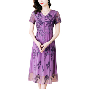 RM21306#春夏新款紫色古典连衣裙气质中老年短袖女V领蕾丝拉链