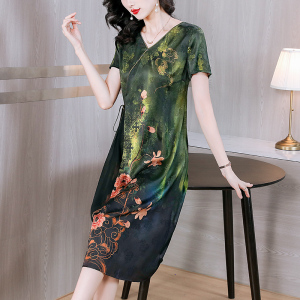 RM21999#夏季新款绿色印花真丝连衣裙气质女桑蚕丝短袖复古时尚