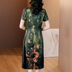 RM21999#夏季新款绿色印花真丝连衣裙气质女桑蚕丝短袖复古时尚