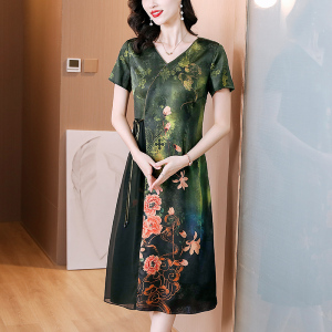 RM21999#夏季新款绿色印花真丝连衣裙气质女桑蚕丝短袖复古时尚