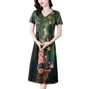 RM21999#夏季新款绿色印花真丝连衣裙气质女桑蚕丝短袖复古时尚