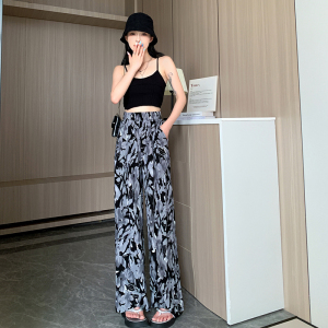 RM16536#松紧高腰褶皱宽松裤女2023夏季薄款冰丝垂感直筒防晒阔腿裤女
