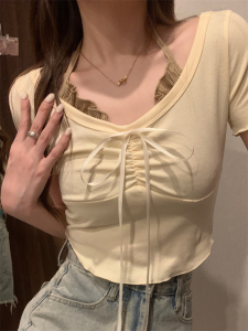 RM17427#夏季新款甜美设计感假两件纯欲修身挂脖T恤女短袖上衣