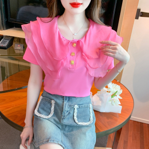RM16483#夏季新款2023荷叶娃娃领显瘦纯色T恤上衣女宽松减龄短袖