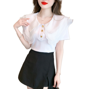RM16483#夏季新款2023荷叶娃娃领显瘦纯色T恤上衣女宽松减龄短袖