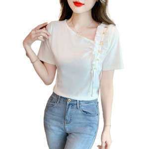 RM16484#夏装木耳边褶皱斜领设计感小众气质时尚上衣短袖T恤