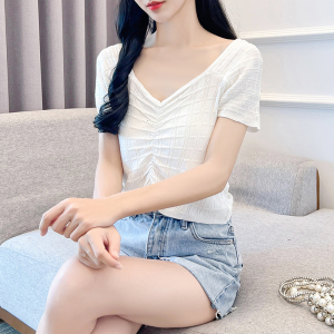 RM18411#夏季新款设计感甜辣妹短款T恤V领薄款冰丝针织女