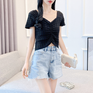 RM18411#夏季新款设计感甜辣妹短款T恤V领薄款冰丝针织女