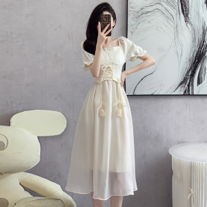 RM17505#法式泡泡袖连衣裙女夏季新款高级感小众气质收腰拼接仙女裙子