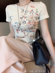 RM16760#纯棉后包条210克奥代尔92棉8氨纶 新款短袖T恤女印花 抖音质量