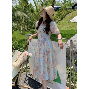 RM19319#夏季新款法式油画感一字领褶皱收腰浪漫晕染花色长裙