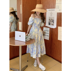 RM19319#夏季新款法式油画感一字领褶皱收腰浪漫晕染花色长裙