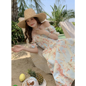 RM19319#夏季新款法式油画感一字领褶皱收腰浪漫晕染花色长裙