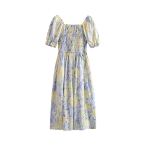 RM19319#夏季新款法式油画感一字领褶皱收腰浪漫晕染花色长裙