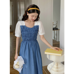 RM19322#大码女装2023夏季气质牛仔蓝拼接褶皱长款连衣裙