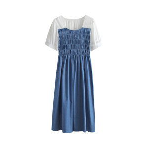 RM19322#大码女装2023夏季气质牛仔蓝拼接褶皱长款连衣裙