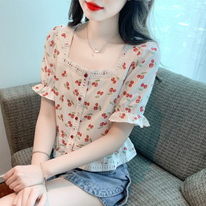 RM20146#夏季甜美短款雪纺衬衣方领小清新印花法式小衫