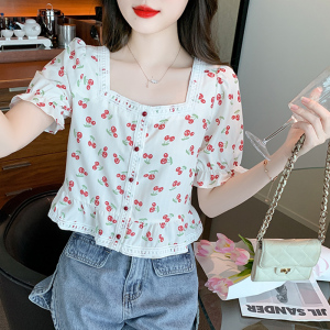 RM20146#夏季甜美短款雪纺衬衣方领小清新印花法式小衫