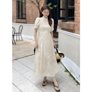 RM19325#夏季新款中国风立领盘扣设计系带收腰质感印花连衣裙