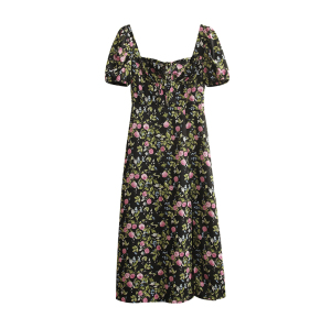 RM19324#夏季法式质感系带方领浪漫印花高腰开叉显瘦茶歇裙