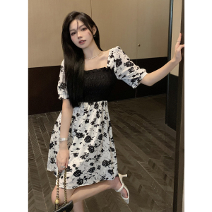 TR45405# 夏季S-4XL大码女装法式花边方领玫瑰印花短款连衣裙 服装批发女装批发服饰货源