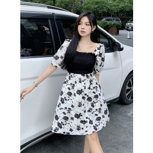TR45405# 夏季S-4XL大码女装法式花边方领玫瑰印花短款连衣裙 服装批发女装批发服饰货源