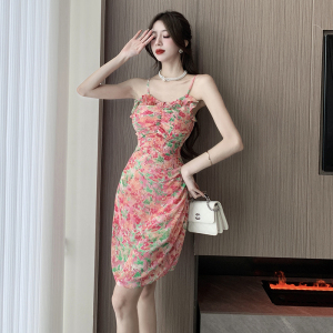 RM19740#新中式设计优雅气质修身显瘦印花吊带荷叶边短款连衣裙子