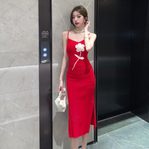RM19717#新中式古典立体花朵吊带连衣裙女夏新款收腰修身纯欲裙子