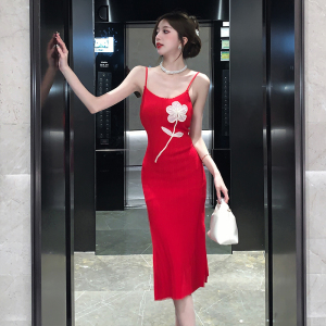 RM19717#新中式古典立体花朵吊带连衣裙女夏新款收腰修身纯欲裙子
