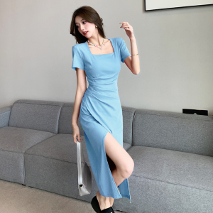 RM19750#粉色方领连衣裙遮肚显瘦裙子女夏季设计感开叉不规则长裙