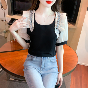 TR37632# 夏韩版设计感短袖洋气拼蕾丝袖重工钉珠V领上衣t恤 服装批发女装批发服饰货源