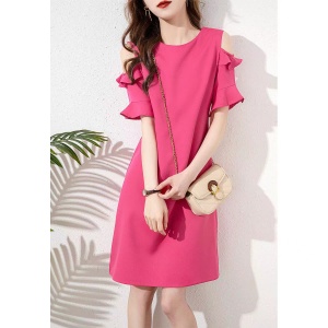 RM18216#夏季时尚露肩圆领连衣裙法式复古红色荷叶袖显瘦中长款裙子