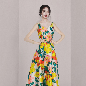 RM19919#夏季新款韩版时尚印花V领无袖吊带大摆长款修身显瘦连衣裙子