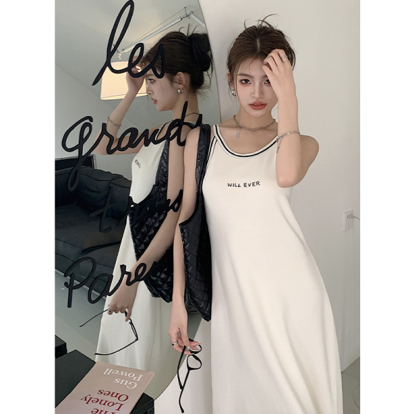RM19323#夏季简约韩版设计感撞色字母印花百搭吊带连衣长裙