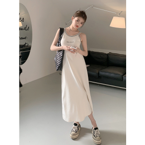 RM19323#夏季简约韩版设计感撞色字母印花百搭吊带连衣长裙
