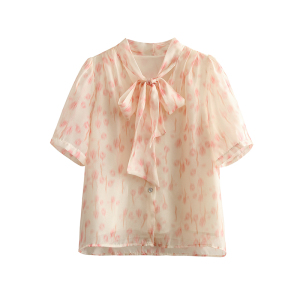 RM19321#夏季新款法式浪漫油画感印花甜美系带丝质短袖开衫