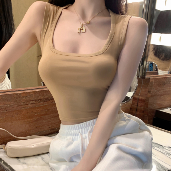 RM18973#夏季纯欲风大方领基础纯色显胸背心ins修身短款无袖T恤上衣