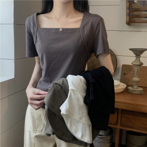 RM16709#夏季新款设计感不规则方领正肩短袖t恤女上衣