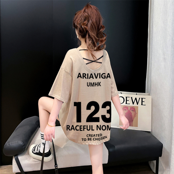 RM19546#纯棉 设计感短袖T恤女夏季新款宽松网红露背洋气减龄上衣