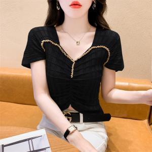RM16702#夏季韩版气质显瘦修身短款褶皱钉钻方领短袖针织上衣