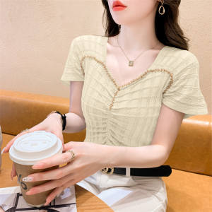 RM16702#夏季韩版气质显瘦修身短款褶皱钉钻方领短袖针织上衣