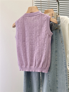 TR46397# 肌理感紫色老花针织无袖上衣女夏季新款高级修身性感 服装批发女装批发服饰货源