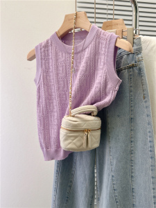 TR46397# 肌理感紫色老花针织无袖上衣女夏季新款高级修身性感 服装批发女装批发服饰货源