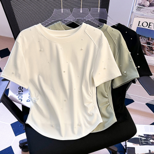 RM16714#皱褶短袖t恤女夏季2023韩版百搭重工钉珠小众设计感收腰上衣