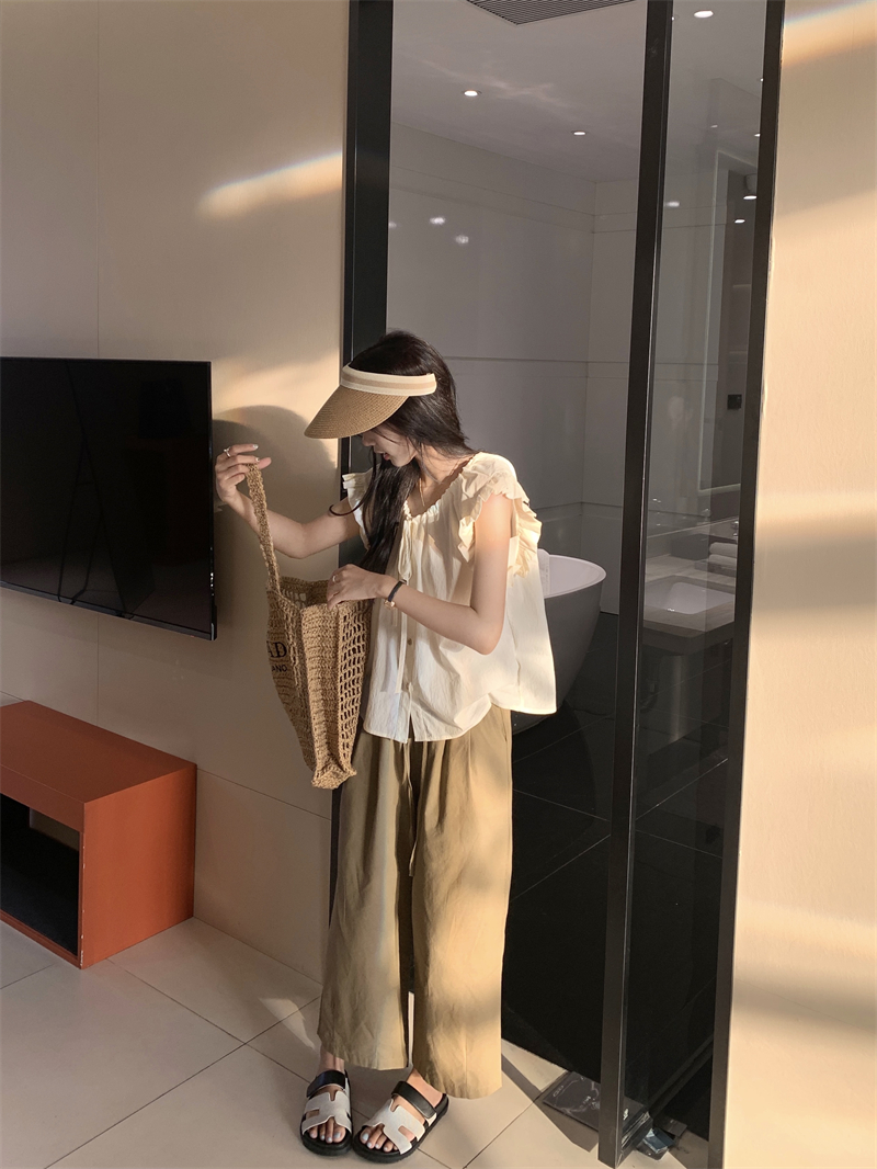 Actual shot ~ French lotus leaf sleeve drawstring casual shirt + cotton and linen wide version tofu pants nine points