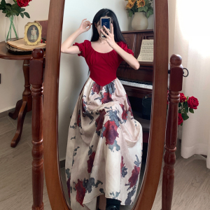 RM16791#沙漠玫瑰新中式复古印花吊带连衣裙女2023夏季高腰长款裙子