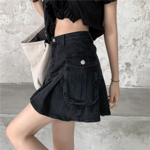 RM16680#黑色牛仔半身裙女夏季2023新款高腰显瘦设计感百褶a字短裙