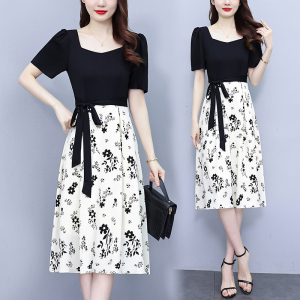 RM19310#大码女装2023夏新款法式方领气质系带高腰遮肚显瘦拼接连衣裙