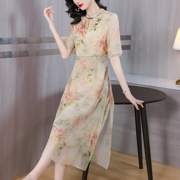 RM16861#夏装中国风复古印花盘扣旗袍裙子