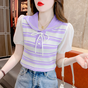 RM20707#娃娃领条纹拼接泡泡袖简约设计感绑带韩版冰丝针织衫气质减龄上衣